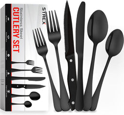 Strex Bestekset 6 Persoons - Zwart - 36-delig - Roestvrij staal - Lepels, Messen, Vorken en Steakmessen - Hoogwaardige kwaliteit