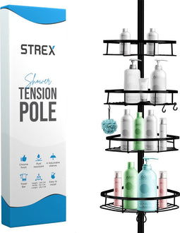 Strex Telescopisch Doucherek Zwart - Verstelbaar 70-275 cm - 4 Mandjes - Robuuste Kwaliteit - Bevestigen zonder Boren of Schroeven - Telescopisch Douche Rek Hoek