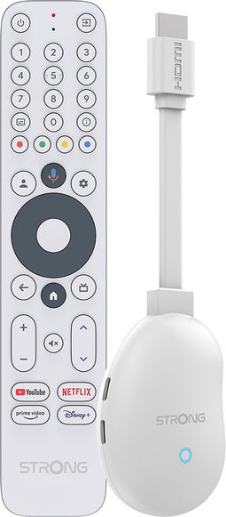 STRONG - Streaming Box Android TV 4K UHD - LEAP-NEVE - Google TV HDMI Stick - Chromecast geïntegreerd - compatibel met Google Voice Assistant - Dolby Atmos - Bluetooth - Wifi 6 - Ethernetpoort - Gemakkelijk te installeren - Wit