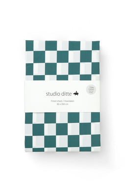 Studio Ditte Hoeslaken Blokjes 90x200cm - Petrolgroen