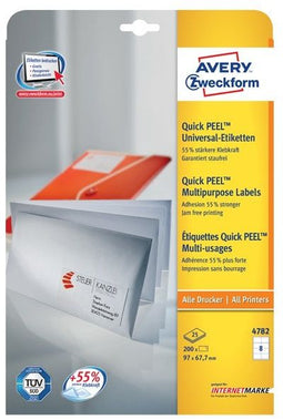 Avery 4782 - Universele Etiketten - 97 x 67,7 mm - Permanent klevend - Wit (200 stuks)