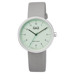 Q&Q QC24J315Y - Horloge - Analoog - Heren - Mannen - Leren band - Rond - Metaal - Cijfers - Grijs - Zilverkleurig - Lichtgroen - 3 ATM