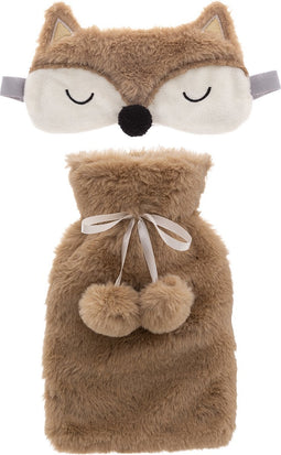 Superzachte fluffy vos warmwaterkruik en slaapmasker cadeau set bruin - 15 x 24 cm - Dieren bedkruik