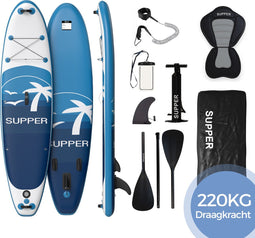 Supper Sup Board XL - Max. 220KG - Opblaasbaar – Paddle Board – Verstelbare Peddel – Waterdicht Telefoonhoesje – Zitje – Pomp – Vin – Leash – Draagtas – 335 x 81 cm