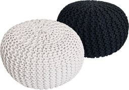 SVJ Poefs Rond - 55 x 55 x 37 cm - Katoen - Wit/Antraciet - Set van 2