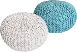 SVJ Poefs Rond - 55 x 55 x 37 cm - Katoen - Wit/Mint - Set van 2