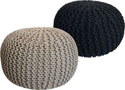 SVJ Poefs Rond - 55x55x37 cm - Katoen - Beige/Antraciet - Set van 2