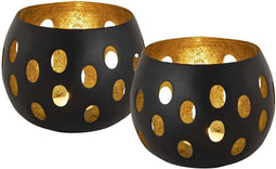 SVJ Windlicht Rond - 13 x 13 x 9 cm - Metaal - Zwart/Goud