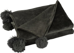 J-Line Plaid Pompom - fleece deken - polyester - zwart - 170 x 130 cm - woonaccessoires