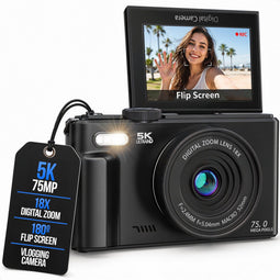 Strex Digitale Camera 5K 75MP - Fototoestel - Compactcamera met Wifi - Vlog Camera - Fotocamera voor Kinderen - 18x Zoom - Draaibaar Scherm - Zwart