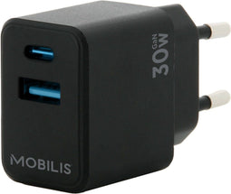 Mobilis Fast Wall Charger GAN - 30W - 1x USB type-A en 1x USB type-C - Zwart