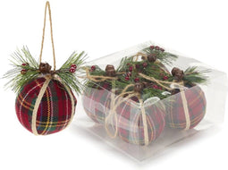 Kerstbal rood stof - tartan met kersttak - set van 4 - nuvole di stoffa