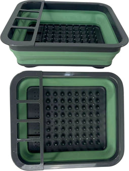 Synx Tools Afdruiprek Grijs/Groen Opvouwbaar - Bestekrek - Inklapbaar - Afwasrek siliconen - Ruimtebesparend en Compact voor camping - Vaatrekje afdruiprekje - Vaatwasrek met Bestekrekje