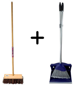 Synx Tools Stadsbezem Steel 150cm & Stoffer en Blik met lange steel 95cm - Harde natuurvezels - Straatbezem - Hotel Stoffer Blik set - sluitend model