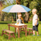 AXI Dennis Zand & Water Picknicktafel met Speelkeuken, Wastafel en losse bankjes in Bruin - Met Parasol in Blauw/Wit - Incl. 17-delige accessoire-set