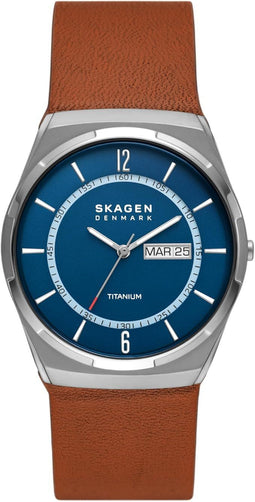 Skagen Melbye Titanium - Horloge - 40 mm - Grijze titanium kast - Blauwe wijzerplaat - Bruine leren band