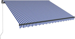 vidaXL - Luifel - handmatig - uittrekbaar - met - LED - 450x300 - cm - blauw - en - wit