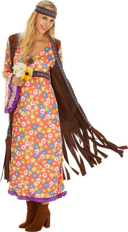 dressforfun - Vrouwenkostuum Mrs. Peacemaker XL - lange jurk met franjevest - bloemenpatroon