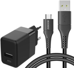 Accezz Wall Charger 20W - Oplader met USB-C en USB-A - Inclusief Micro-USB kabel - Zwart