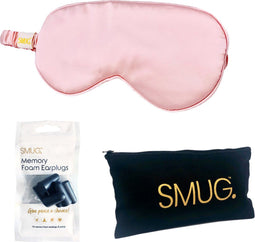 SMUG Slaapmasker met Zwarte Oordopjes en Opbergzakje - 100% Verduisterend - Verstelbaar Oogmasker in Satijn - Roze