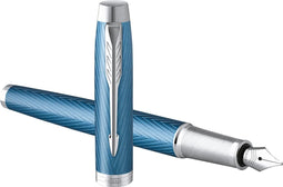 Parker IM Premium vulpen | Blue Grey met chroomdetail | Medium penpunt met blauwe inkt navulling | geschenkdoos