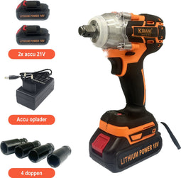 Kibani Accu Slagmoersleutel 18V - incl. 2 accu's 1500mAh en oplader - slagmoersleutelset - slagmoersleutel met accu - slagmoersleutel elektrisch - LED verlichting