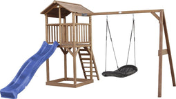 AXI Beach Tower Speeltoestel in Bruin - Speeltoren met Roxy Nestschommel, Blauwe Glijbaan en Zandbak - FSC hout - Speelhuis op palen voor de tuin
