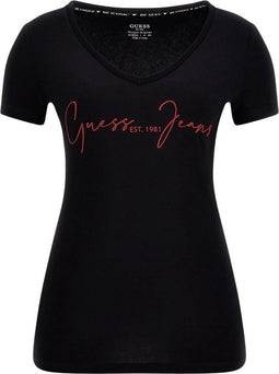 Guess Amilie Tee - Dames T-Shirt V-hals - Merknaam in het rood - Zwart (2022)
