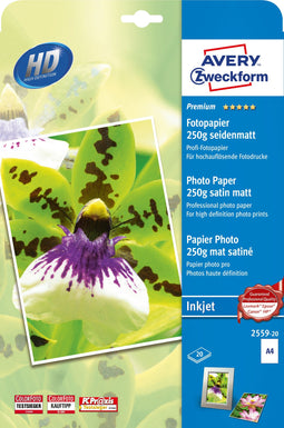 Avery - Premium Inkjet Fotopapier - A4 250 g/m² Zijdemat (20 vellen)