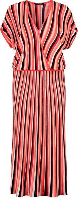 Felicia - Jurk - A-lijn midi met V-hals - Koraal roze zwart zand wit