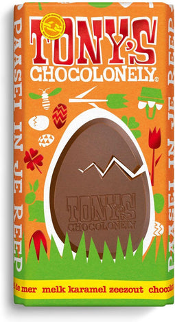 Tony's Chocolonely Melk Chocolade Reep Pasen - Karamel Zeezout - Paas Cadeau - Chocolade Pasen - Paaschocolade - Fairtrade Chocolade - Bulk Verpakking - 15 stuks x 180gram