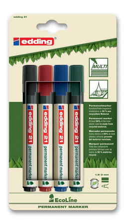 edding 21 ecoLine permanent marker - 4 stuks - zwart, rood, blauw, groen - ronde punt 1.5-3mm
