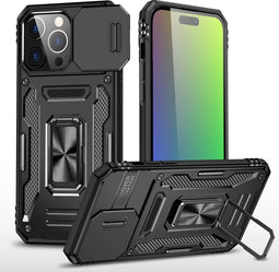 Podec iPhone 15 Pro - Anti-Shock Case Cover Hybrid Armor - Kickstand Ring - Zwart