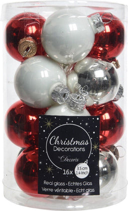Kerstbal glas d3.5 cm wit/rood 16st kerst
