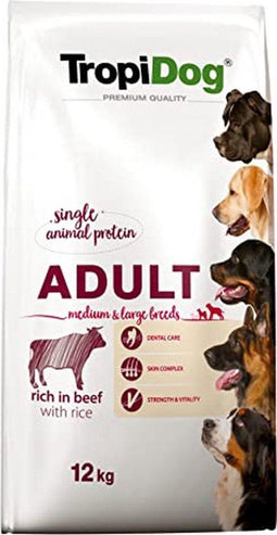 Premium Trockenfutter fur Hunde, reich an Rindfleisch mit Reis, fur Erwachsene mittlerer und großer Rassen, 12 kg