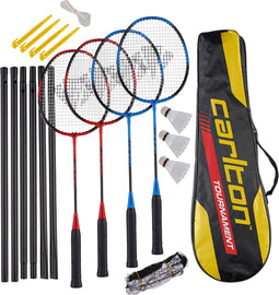 Carlton Badmintonracket set - 4 rackets 3 shuttles net en draagtas - blauw-rood-zwart (1 set)