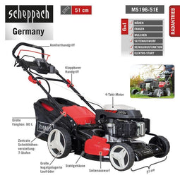 Scheppach MS196-51E - Grasmaaier - 196 cc motor - 51 cm maaidek - instelbare maaihoogte 25-75 mm