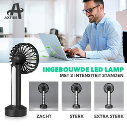 AXTIES 2-in-1 Draagbare Mini Ventilator met LED Lamp - USB Oplaadbaar 2000 mAh Batterij - 3 Snelheden & Lichtstanden - Draagbaar Kleine Tafelventi