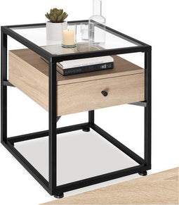 Tectake Bijzettafel Preston - Nachtkastje - Glazen blad - Industrieel design - Lichtbruin zwart - Afmeting (LxBxH) 43 x 45 x 54,5 cm