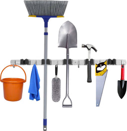 TTD® Luxe XXL Bezemhouder - Bezem Ophangsysteem - 5 Ophanghaken & 6 Gereedschapsklemmen - Zwart Metaal - 62 CM
