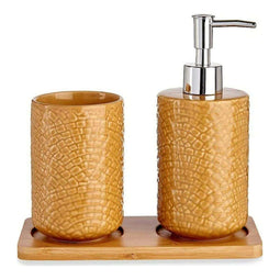 Badkamer accessoires set 3-delig camel bruin relief van keramiek - Zeeppompje - Beker - Tray