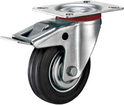Tarsus Zwenkwiel met Rem - 100 mm - Stalen Velg - Massieve Rubberband - 60 kg Draagvermogen