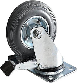 Tarsus Zwenkwiel met rem - 125 mm - Stalen velg - Massieve rubberband - 80 kg draagvermogen