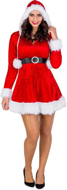 Dressforfun Mrs. Santa Claus - Vrouwenkostuum - Sexy jurkje met kap en pompoms - S