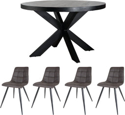 Home67 Set - Eettafel Bob Zwart Mangohout ø130 cm + 4 x Eetkamerstoel Galgary - Antraciet