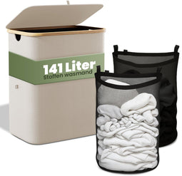 Nince Wasmand 141L - 2 Vakken - Uitneembare Waszakken - Bamboe - Beige