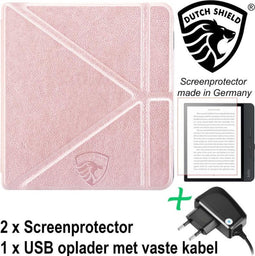 Origami Sleepcover Geschikt voor Kobo Libra H2O Hoes Roze Goud + Screenprotector + Oplader * - ereader hoesje - cover