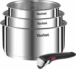 TEFAL INGENIO EMOTION Set van 3 steelpannen 16/18/20 cm + 1 handgreep - Roestvrij staal - Alle warmtebronnen inclusief inductie L896S404