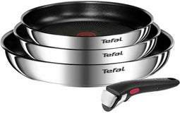 TEFAL INGENIO Set van 4 stuks, 22/24/28 cm koekenpannen + afneembare handgreep, Roestvrij staal, Antiaanbaklaag, Emotion L897S404