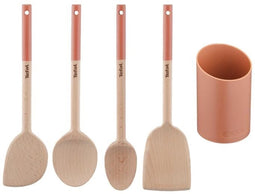 TEFAL Natura 5 houten keukengerei, Grote lepel, Schuine spatel, Maryse, Kleine lepel, Bestekhouder K2705S04